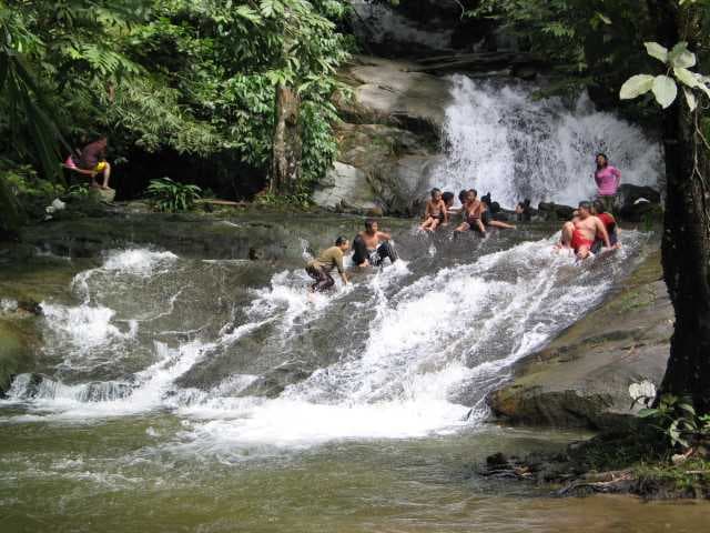 Lower tier of Sungai Gabai waterfall cascading through the Hulu Langat forest reserve near Janda Baik